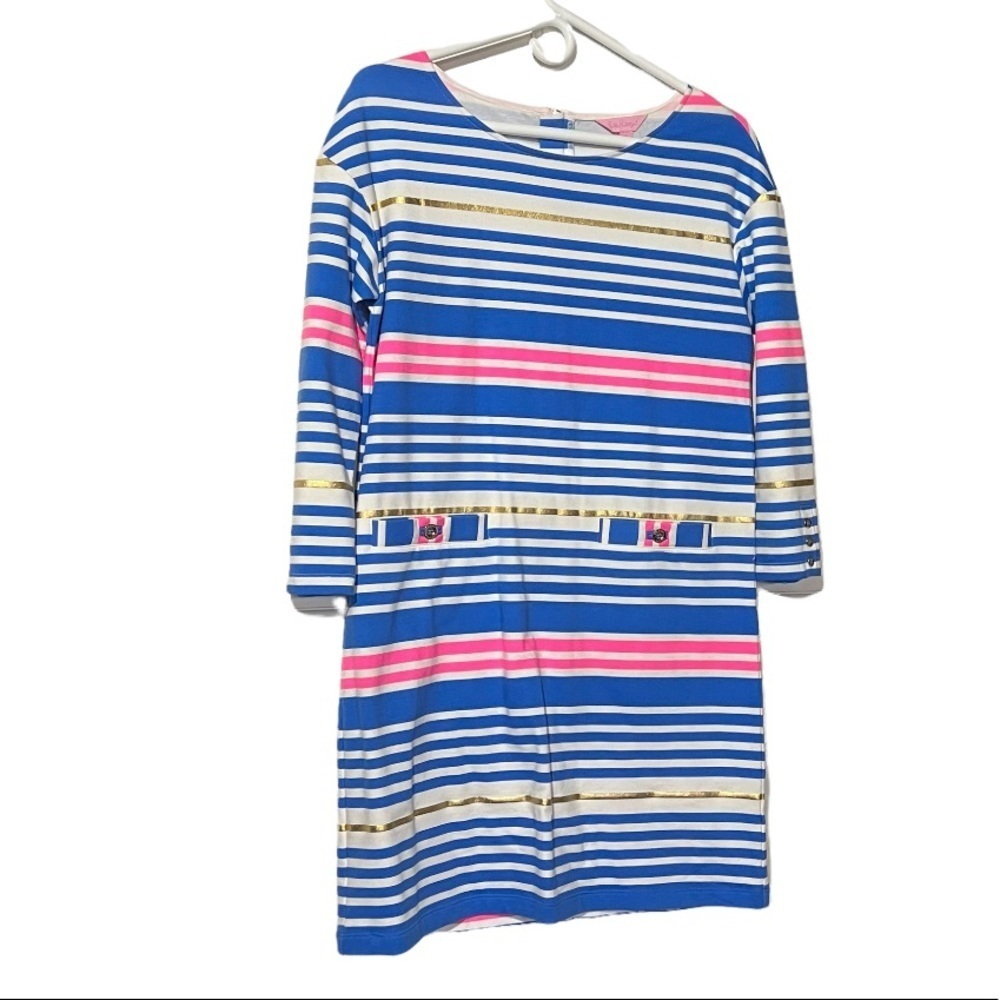 Lilly Pulitzer Lena Tiki Dress Striped Lapis Blue Pink White Gold Buttons Small
